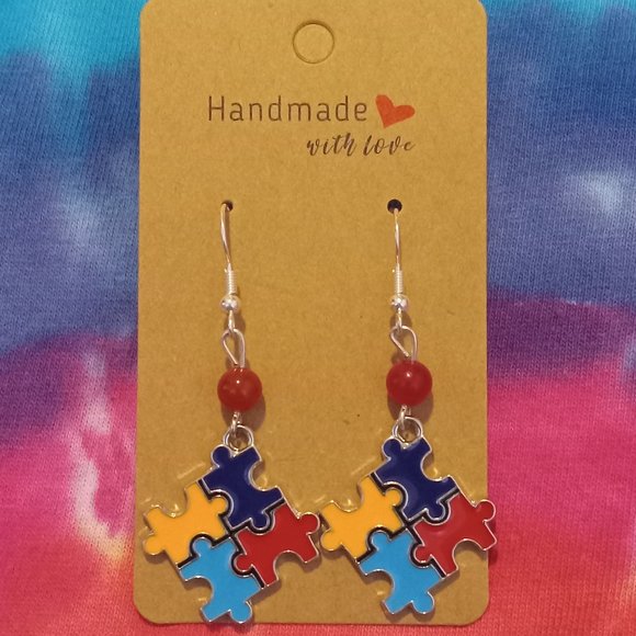 Handmade Autism Awareness Puzzle Piece Earrings - Picture 1 of 5